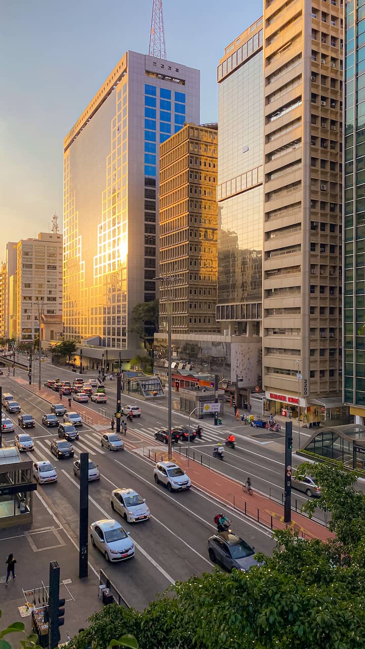 Sunset light on buildings windows